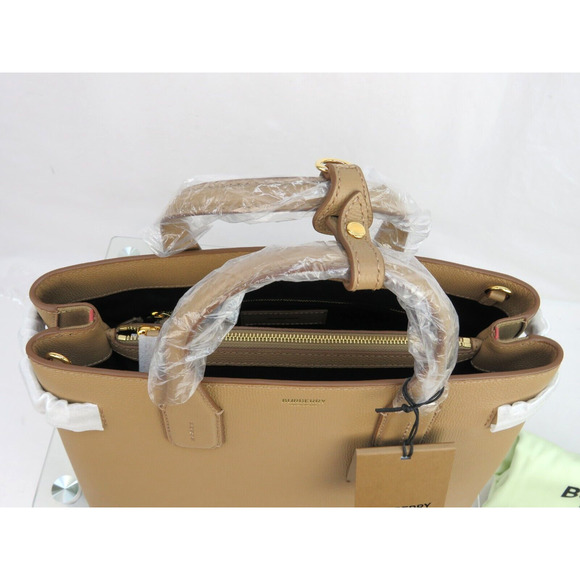 $1790 BURBERRY MD BANNER CAMEL TAN LEATHER CHECK LOGO SHOULDER MEDIUM TOTE BAG - Picture 6 of 13